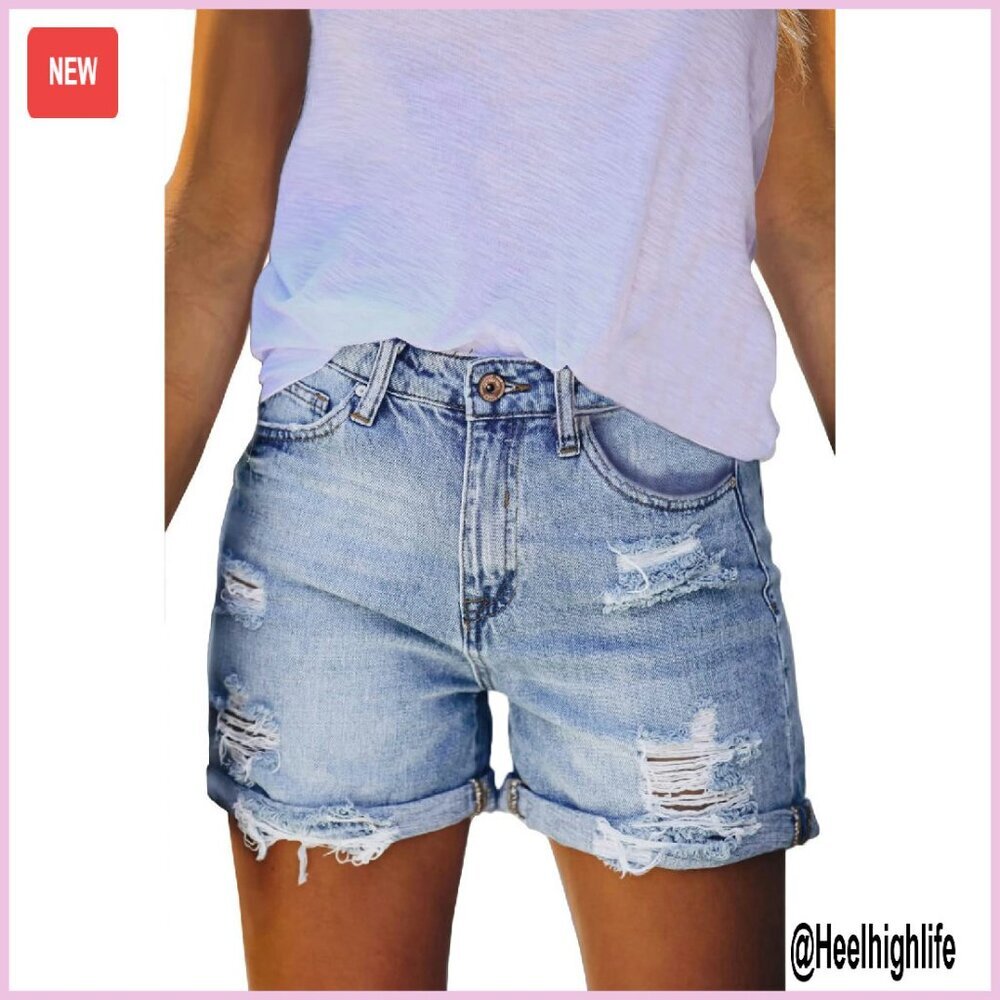 High Waisted Ripped Denim Shorts Distressed Frayed Hem Summer Casual